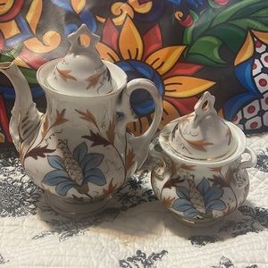 Vintage teapot and jar for sugar beautiful leaves flowers gold accents